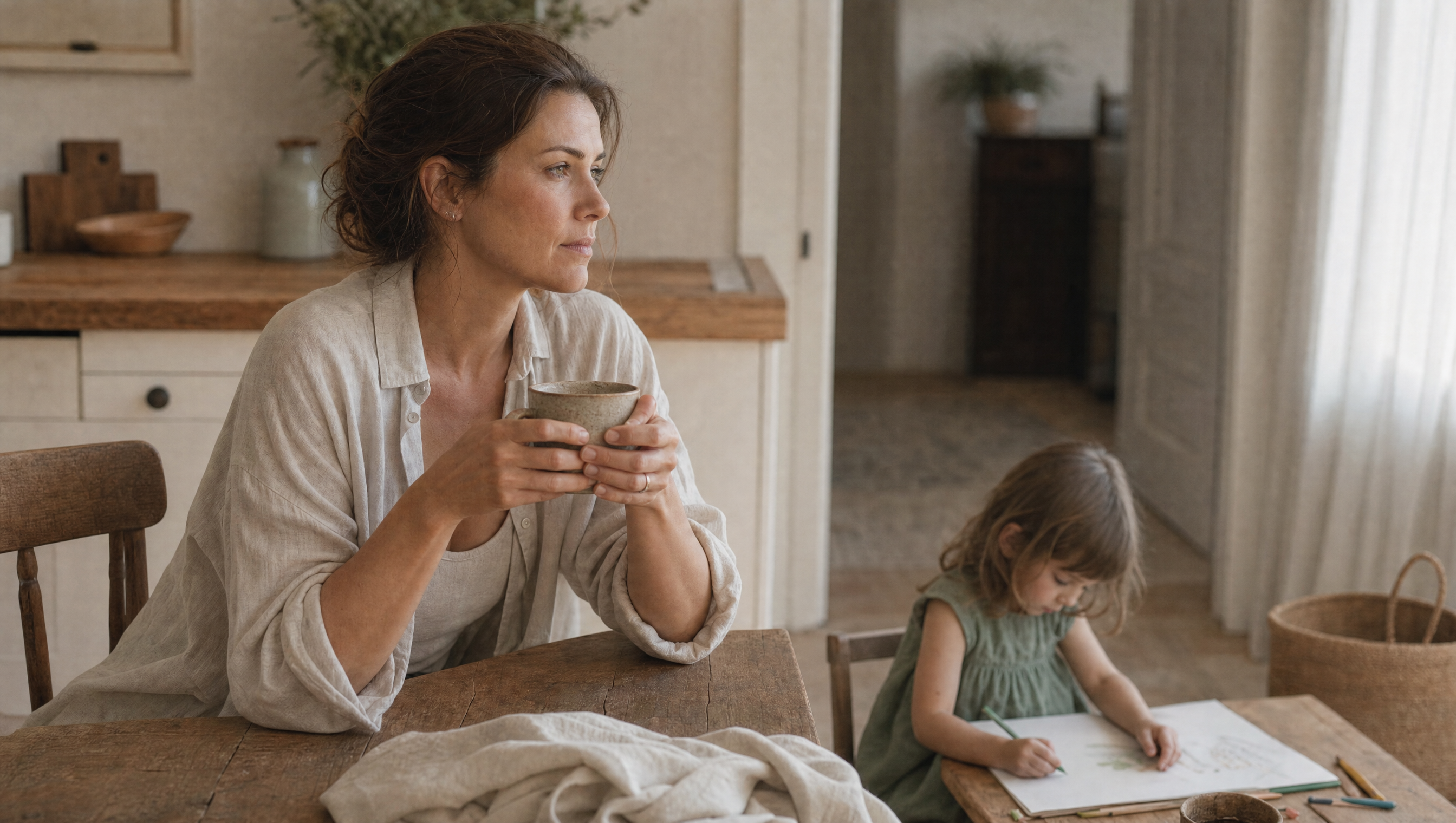 Mamá con café mirando por la ventana, momento de reflexión