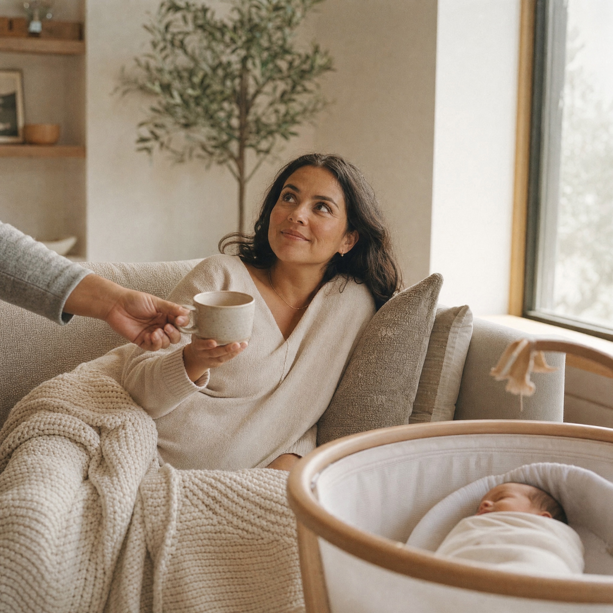 Mamá descansando en un sillón mientras unas manos le ofrecen una taza de té, con su bebé durmiendo en un moisés a su lado