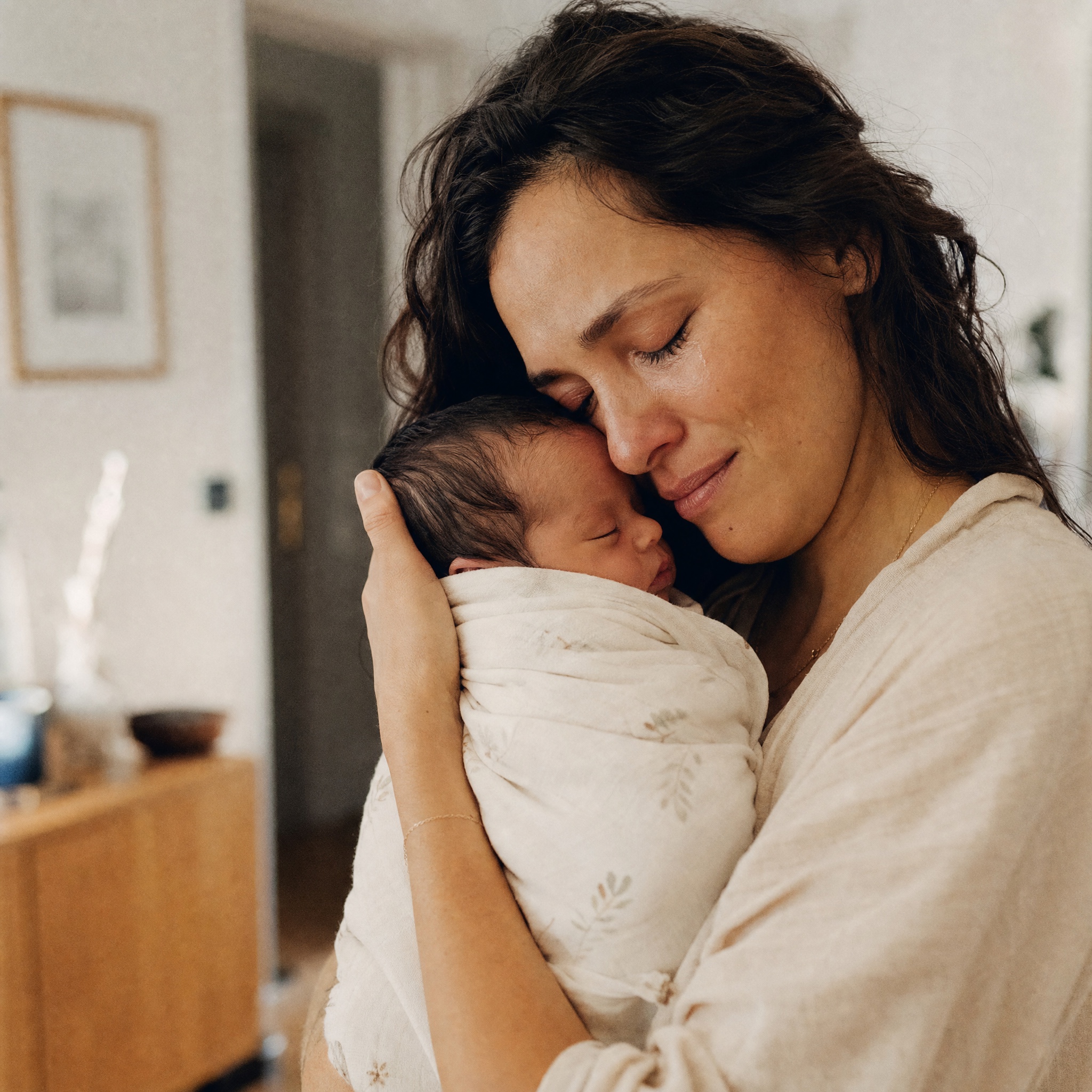 Mamá sosteniendo a su bebé recién nacido contra su rostro, con lágrimas suaves, en un gesto de amor y agotamiento