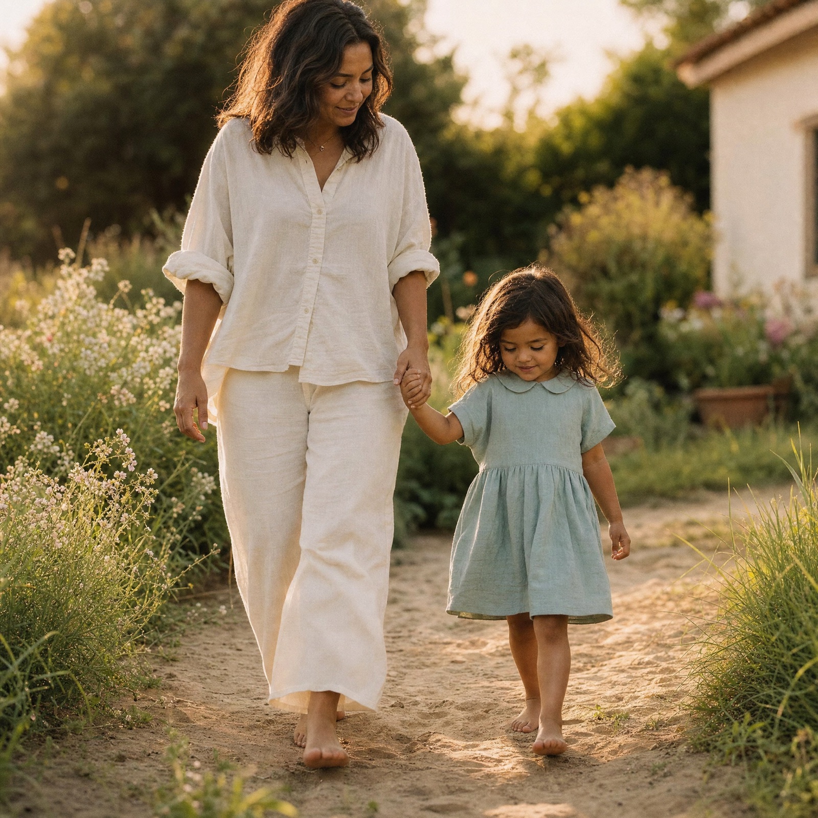 Mamá e hija caminando descalzas tomadas de la mano por un sendero soleado al atardecer