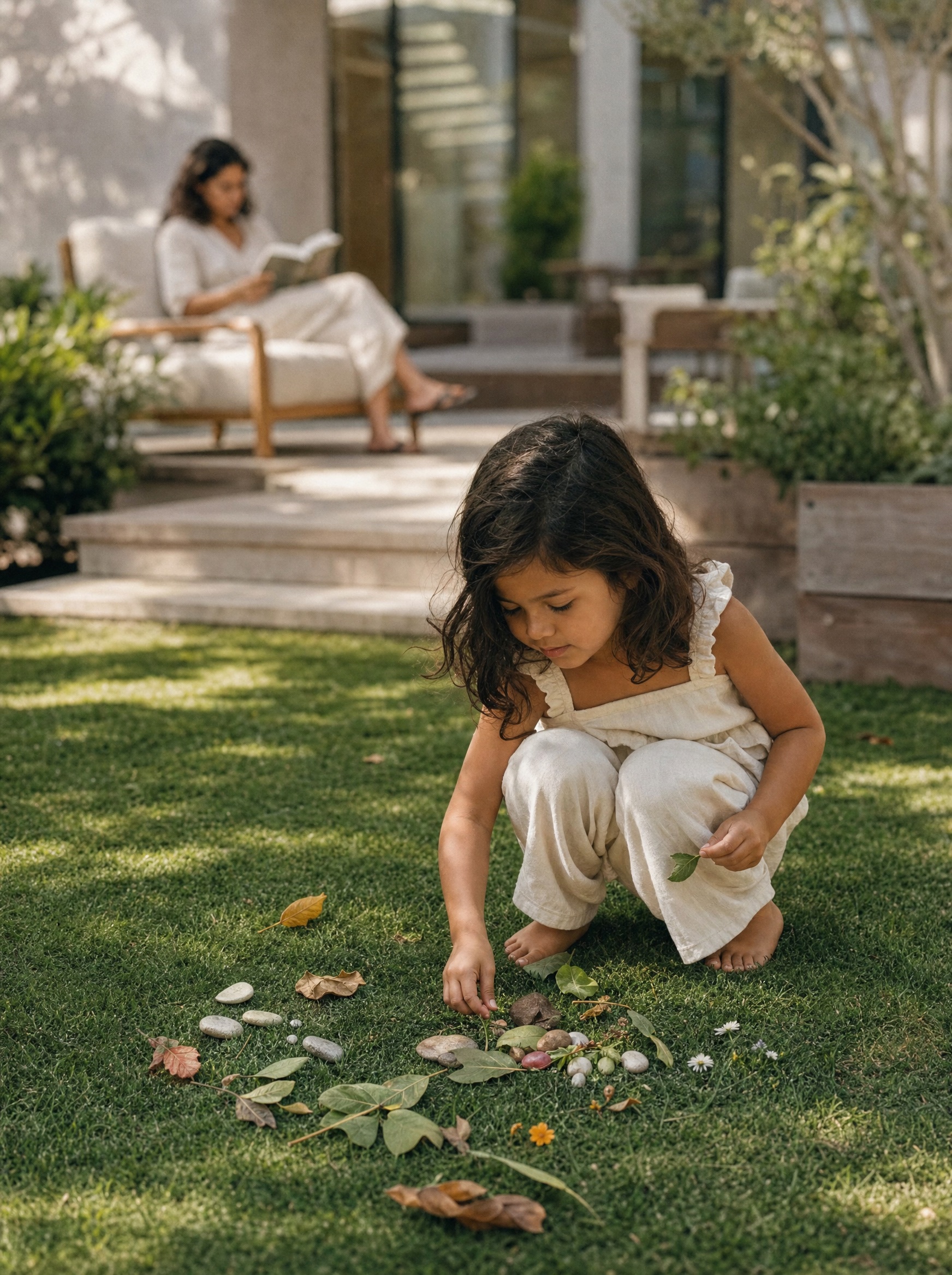 Niña jugando sola en el jardín, agachada sobre el pasto creando un mandala con hojas, piedras y flores mientras su mamá lee a lo lejos