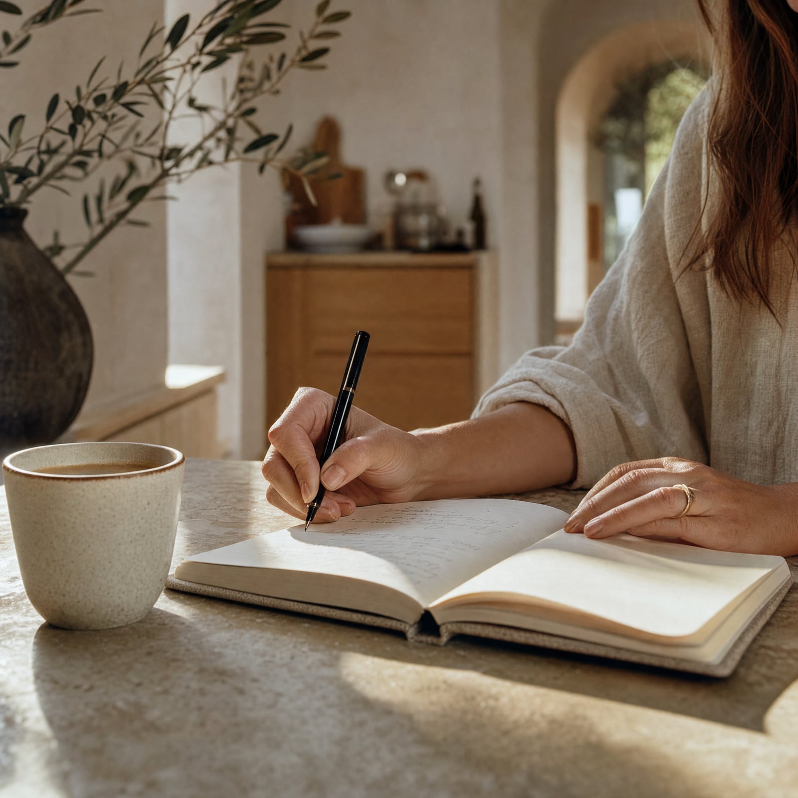 Manos de mamá escribiendo en un cuaderno abierto sobre la mesa, con la luz de la mañana cruzando la página