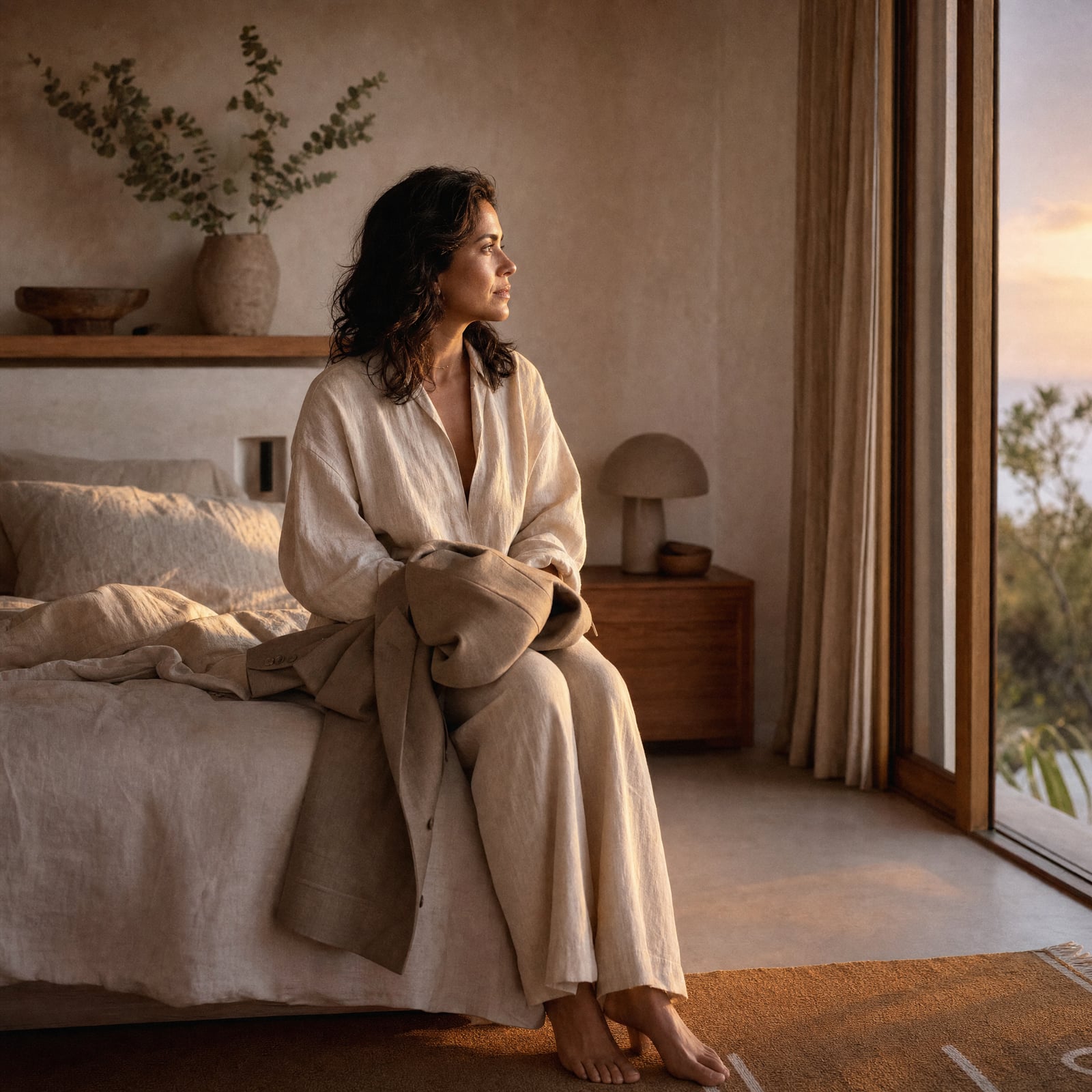 Mamá sentada al borde de la cama al atardecer, con un saco doblado en el regazo, mirando hacia la ventana