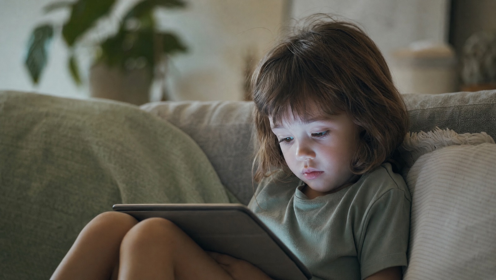 Niño pequeño solo en el sofá, con la cara iluminada por la pantalla del iPad, completamente absorto