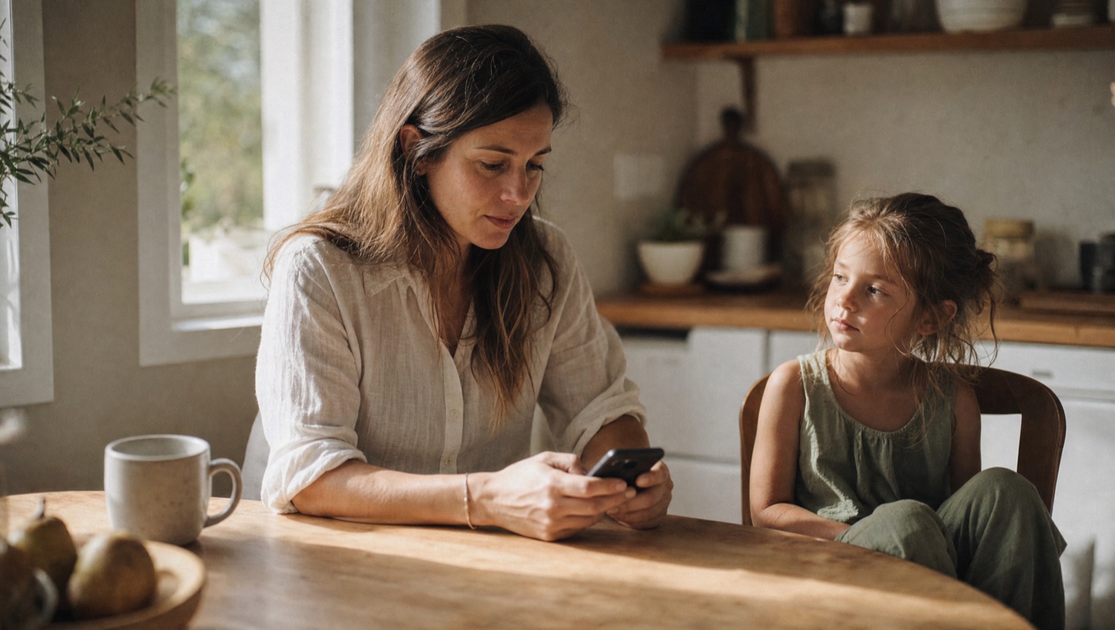 Mamá revisando el celular en la mesa mientras su hija la mira esperando su atención