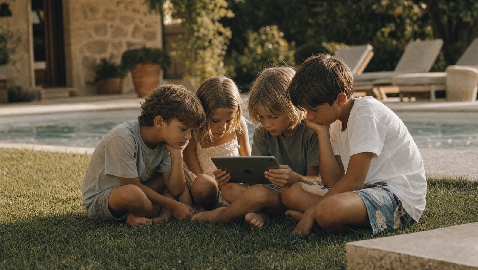 Grupo de niños sentados en el jardín junto a una alberca, mirando juntos una tablet, absortos en la pantalla