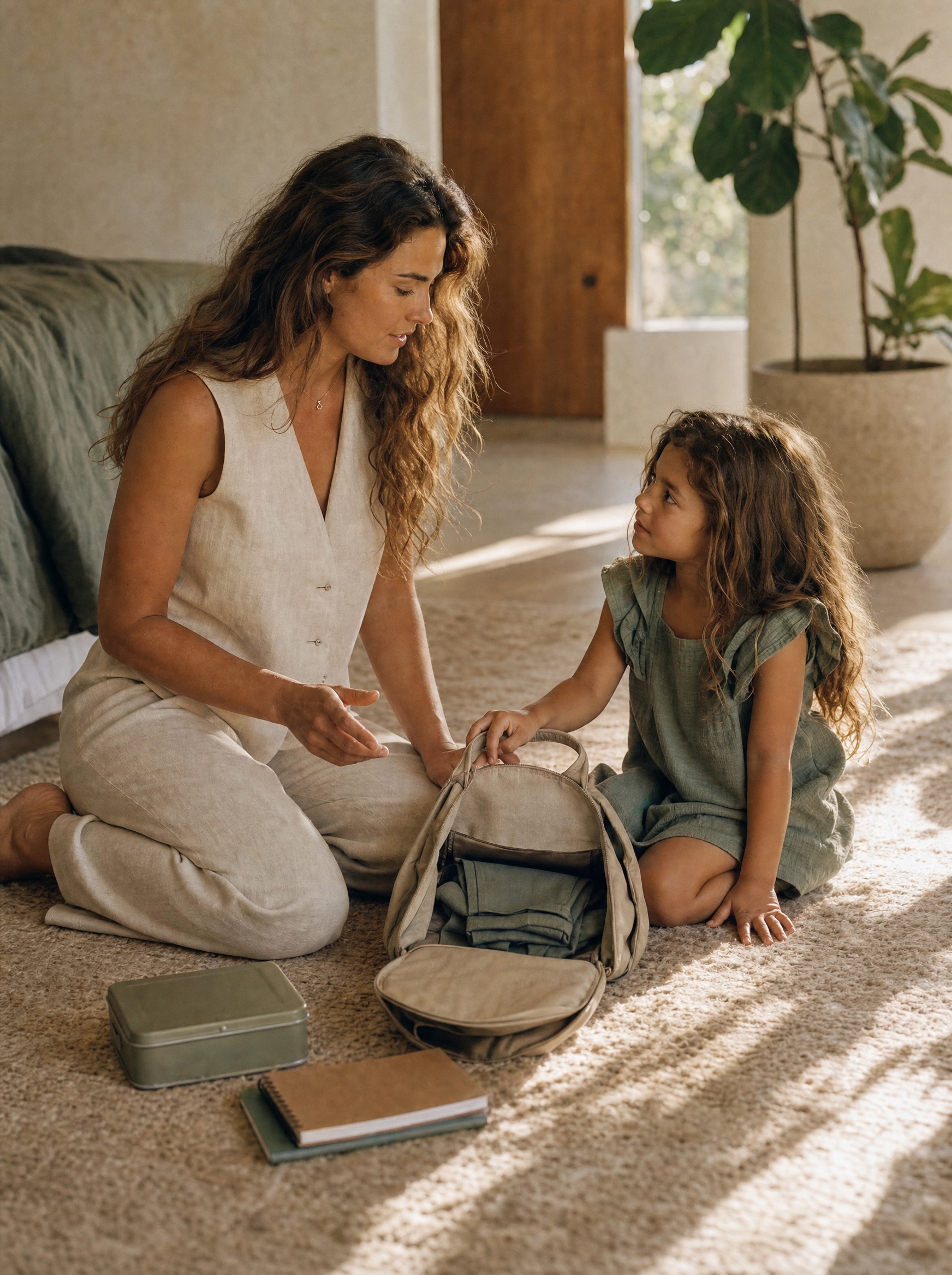 Mamá y su hija sentadas en el piso frente a la mochila abierta, con el uniforme y el lonche listos, platicando de cómo va a ser el día