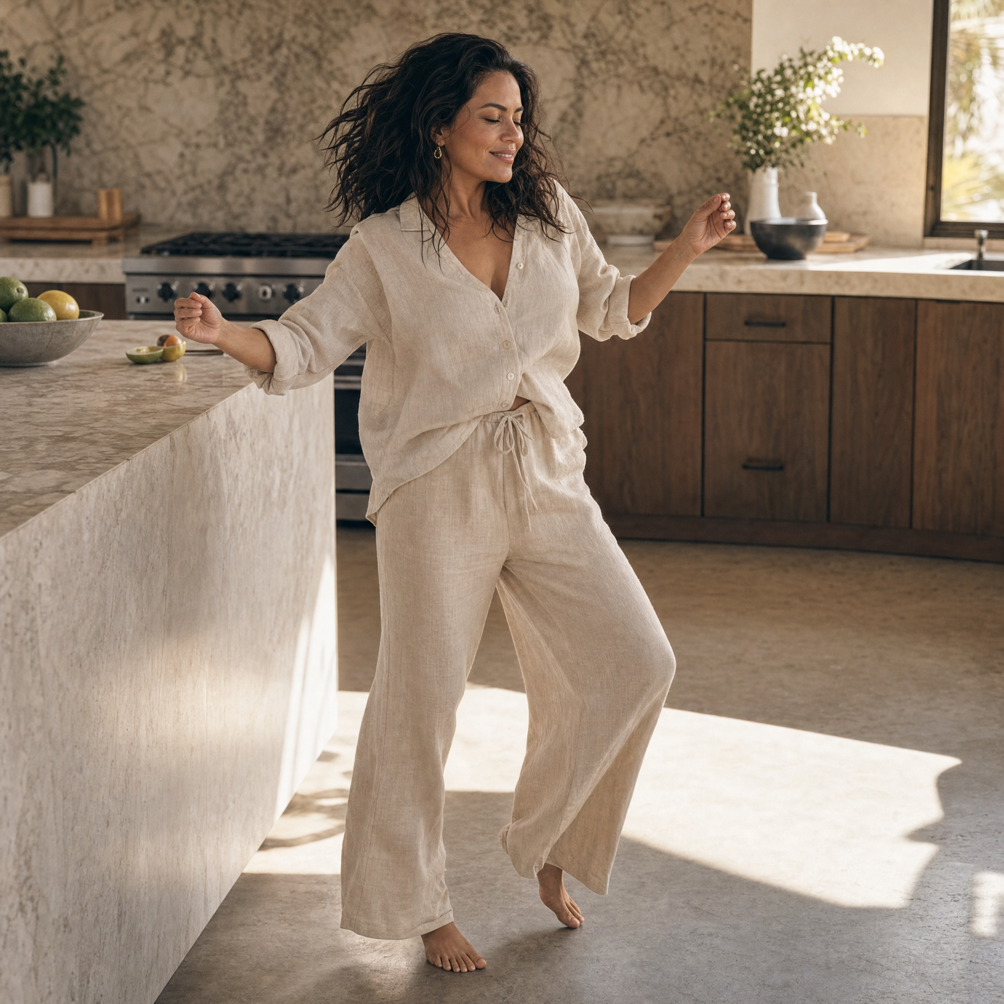 Mamá bailando descalza en la cocina, sonriendo en un momento de alegría