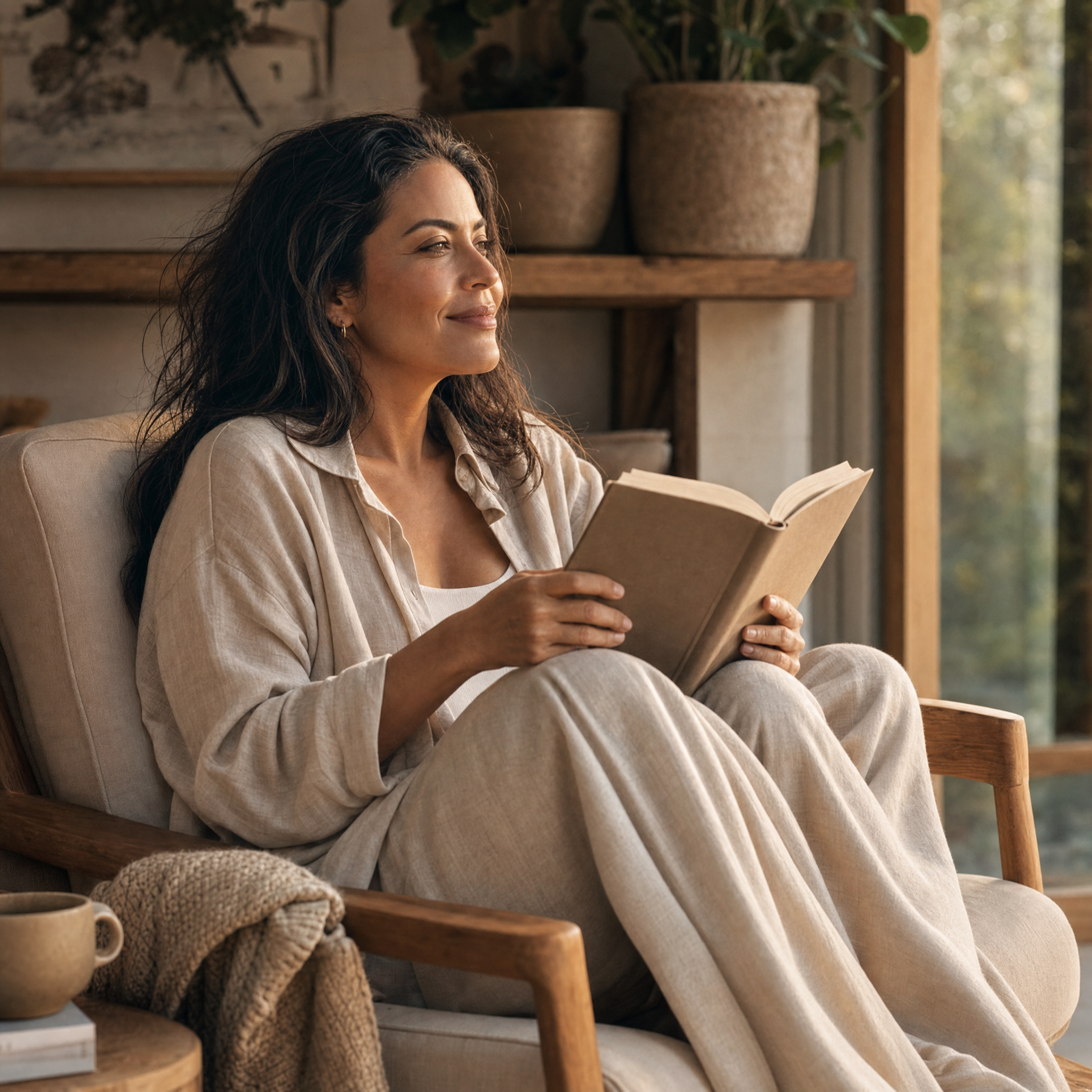 Mamá leyendo un libro a solas en un sillón junto a la ventana