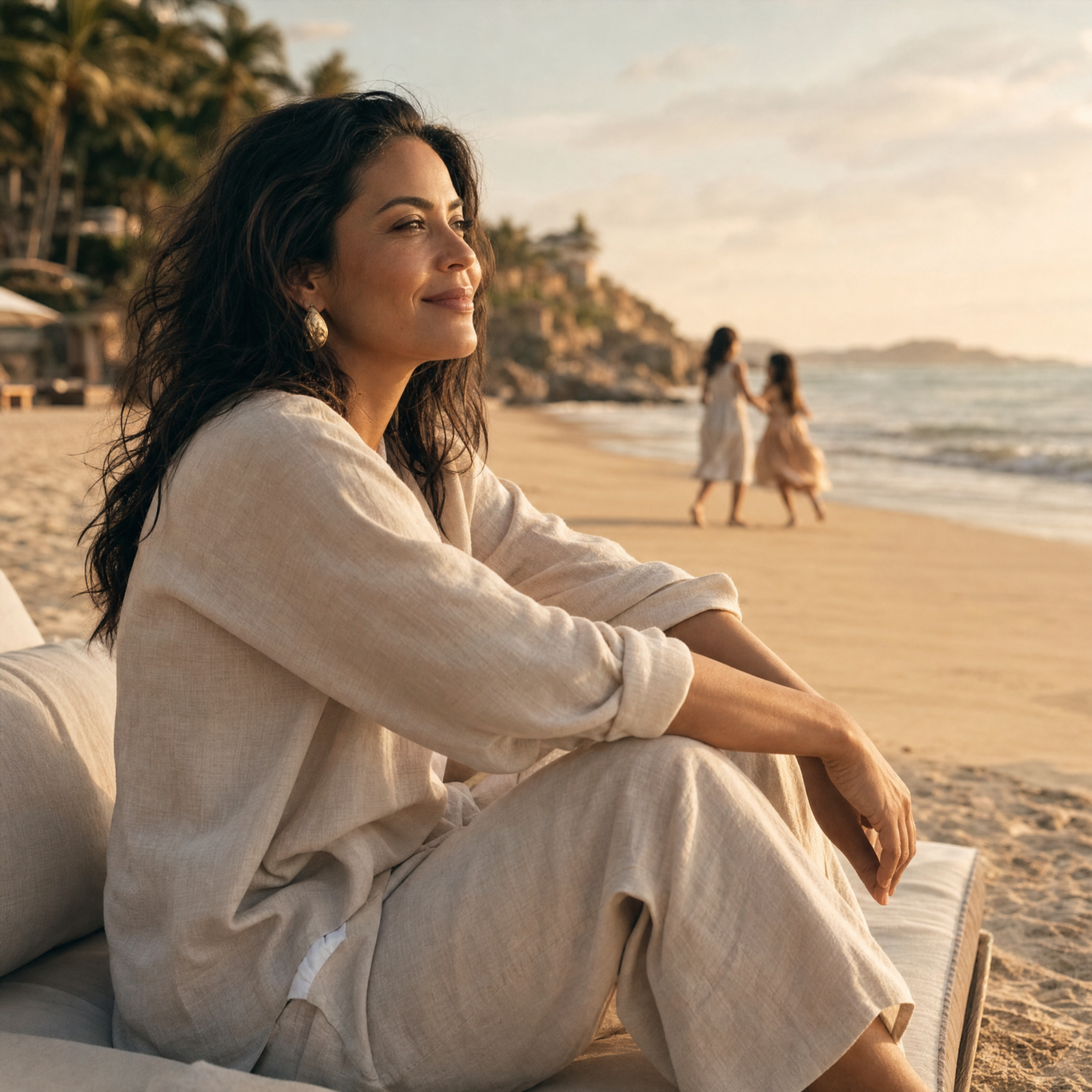 Mamá sentada sola frente al mar al atardecer mientras sus hijas juegan a lo lejos
