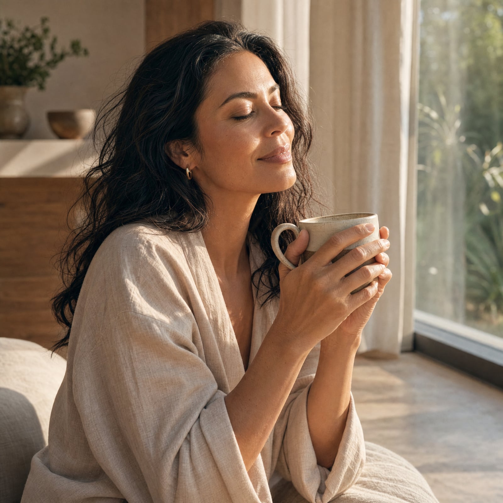 Mamá disfrutando un café caliente a solas, un pequeño momento para ella
