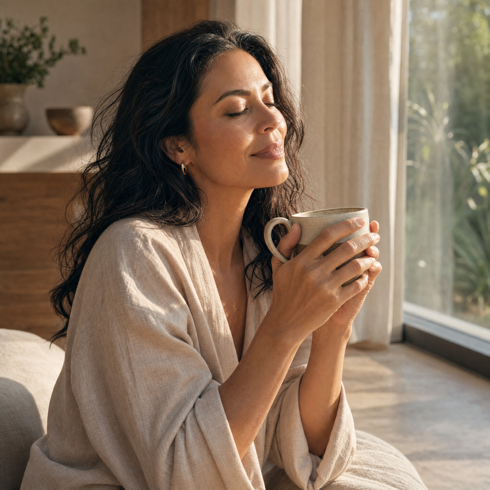 Mamá disfrutando un café caliente a solas, un pequeño momento para ella